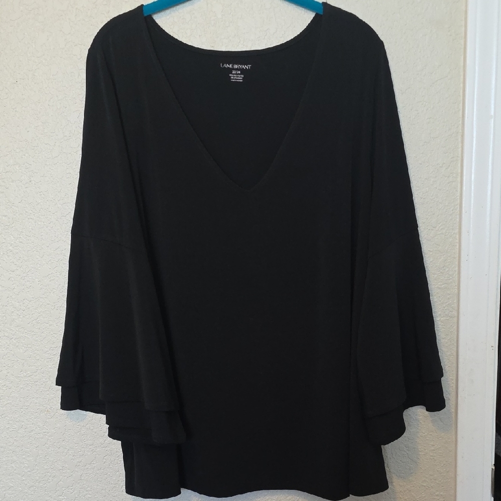 Lane Bryant Dressy Black V-Neck Tiered Bell-Sleeve Top
